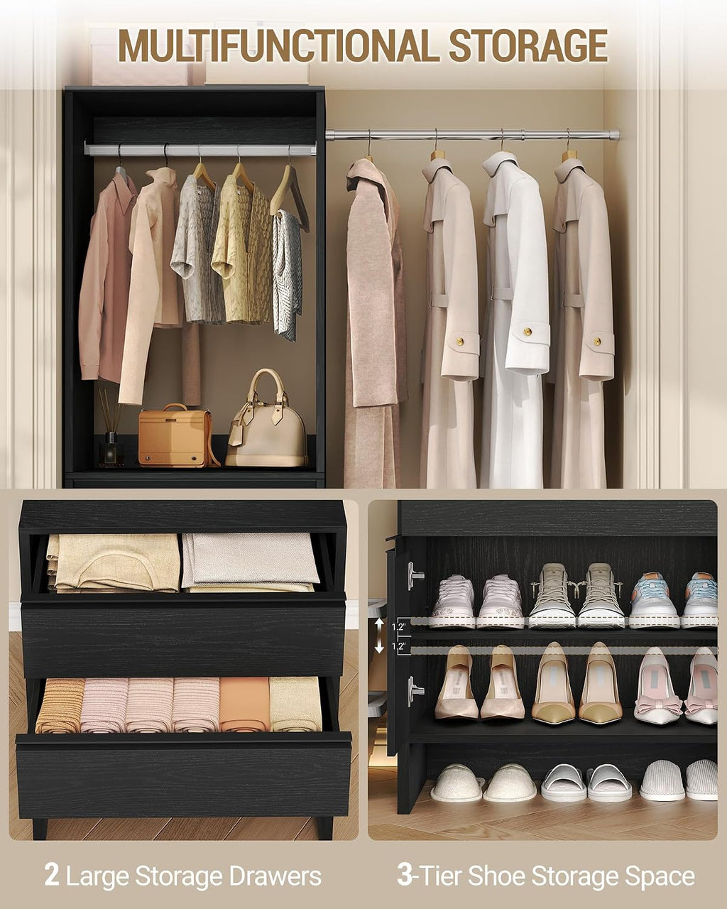 Hzuaneri Closet System with 2 Drawers, Walk-in Closet Organizer System Wooden Storage Systems with 4 Hang Rods & Shoe Cabinet, Wardrobe Clothes Rack Garment Rack Fits Spaces 6-10 ft, Black MC00104B