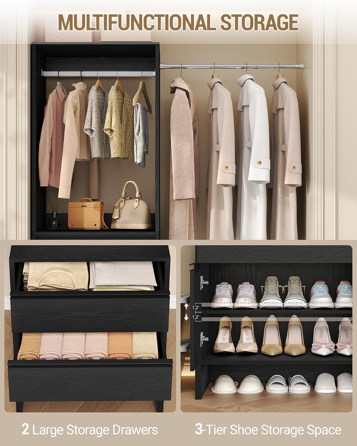 Hzuaneri Closet System with 2 Drawers, Walk-in Closet Organizer System Wooden Storage Systems with 4 Hang Rods & Shoe Cabinet, Wardrobe Clothes Rack Garment Rack Fits Spaces 6-10 ft, Black MC00104B