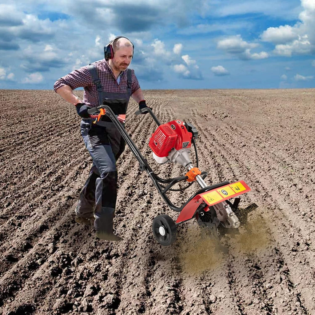 Mini Tiller Cultivator 52CC 2 Stroke Gas Tiller Garden Yard Rototiller with 4 Steel Adjustable Tilling Width Blade Soil Rototiller Cultivator Garden Tool for Lawn Digging Weed Removal