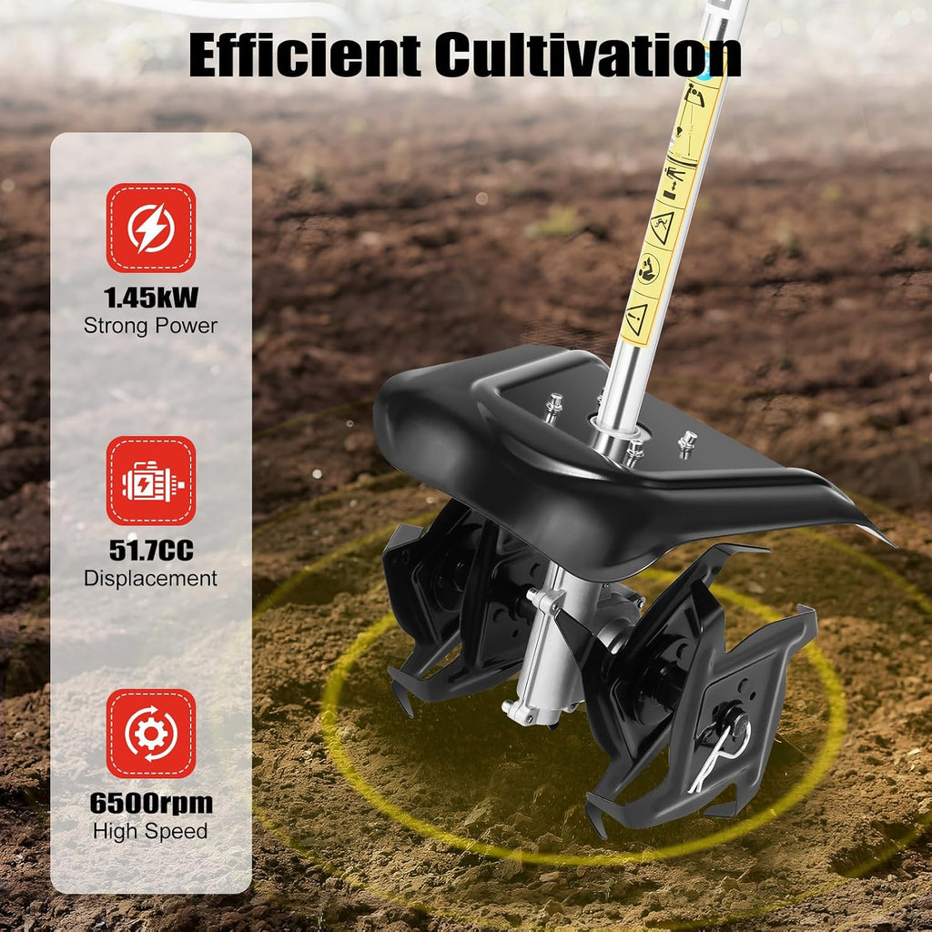 51.7CC 2-Stroke Gas Powered Rotary Tiller - 1.45kW Handheld Soil Cultivator - Gas Powered Engine Rototiller Garden Tool for Gardens, Farms & Wetlands