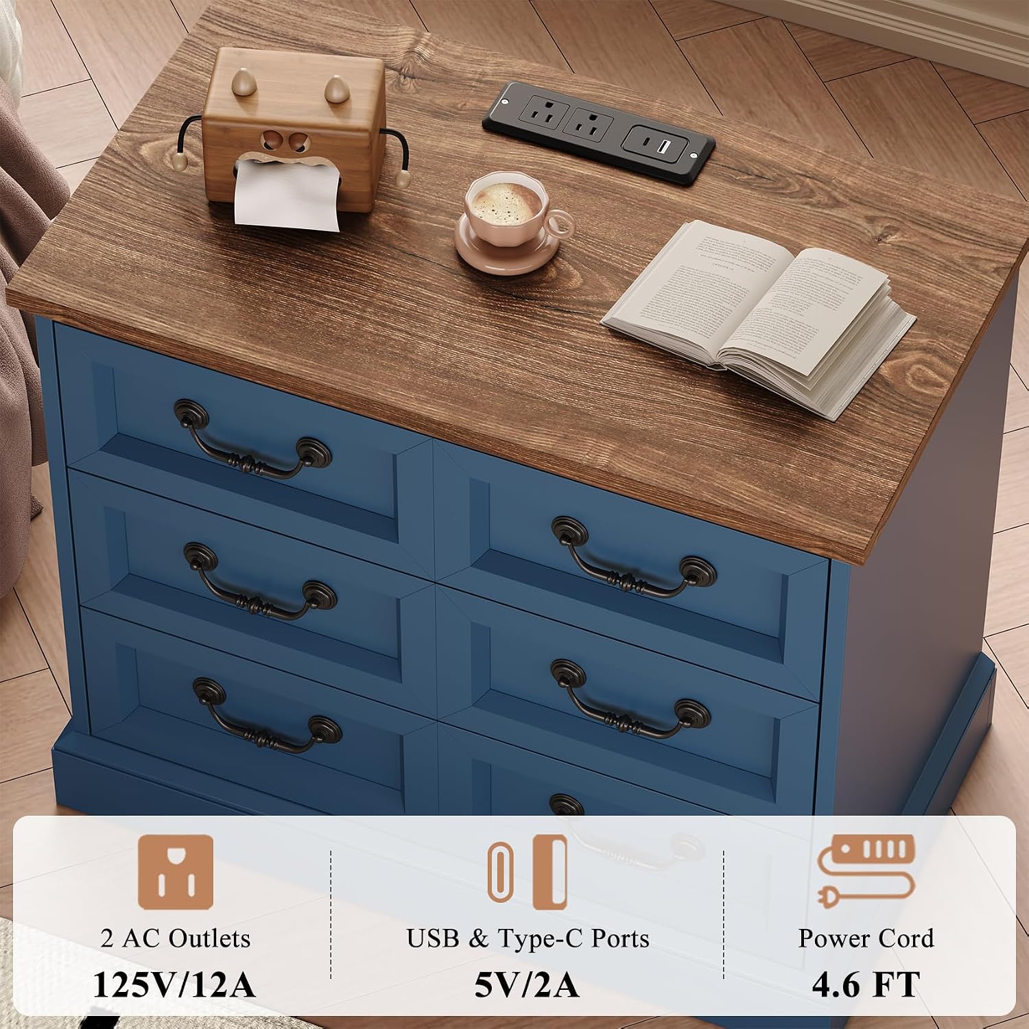 VVFLU 27.6' Wide Farmhouse Nightstand with Charging Station, 3 Drawer Nightstands Set of 2, Larger Side Table End Table, Modern Night Stand for Bedroom, Living Room, Blue Nightstand