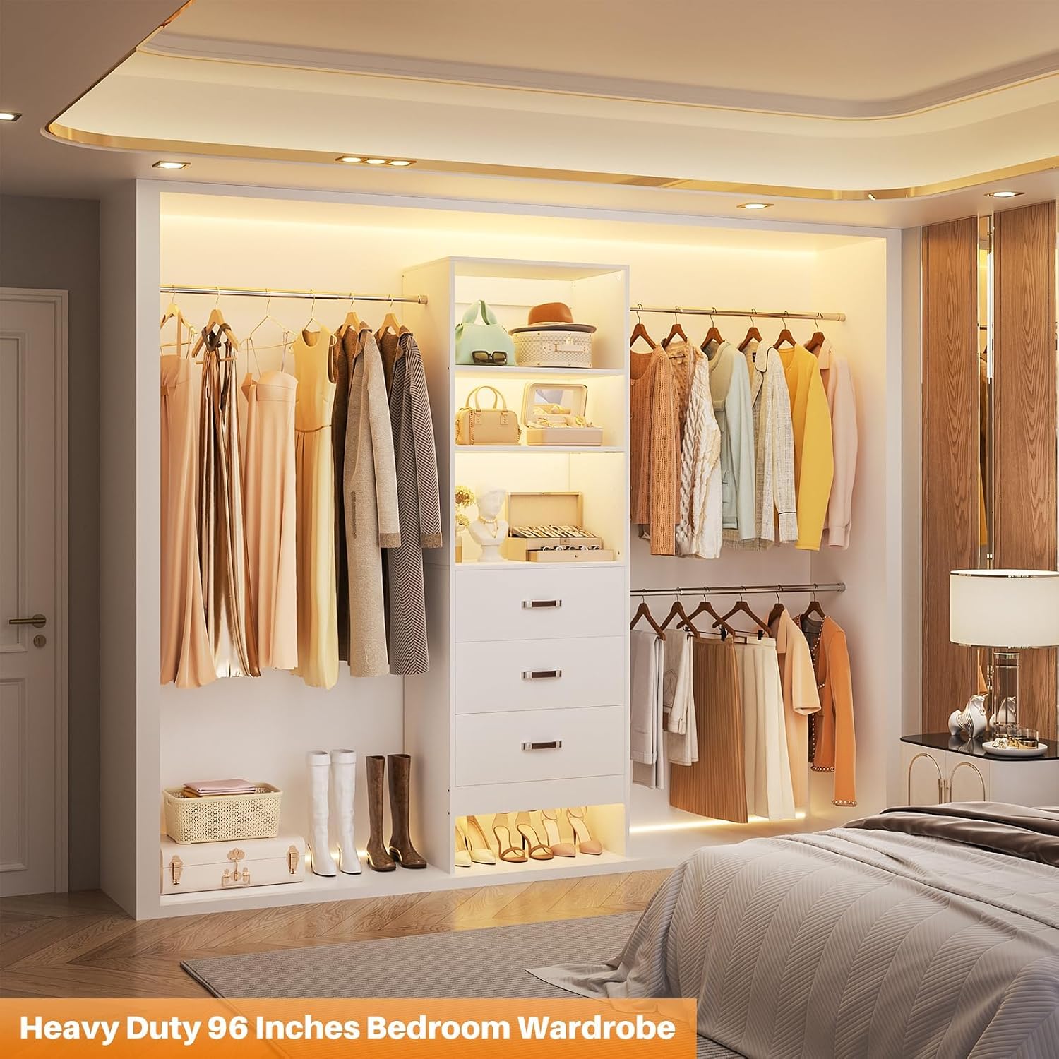 Homieasy 96 Inches Closet Organizer System, 8FT Customizable Walk In Closet Organizer with Hanging Rods, 3 Drawers Garment Rack with Leather Handle , 96' L x 16' W x 75' H, Max Load 1000 LBS, White