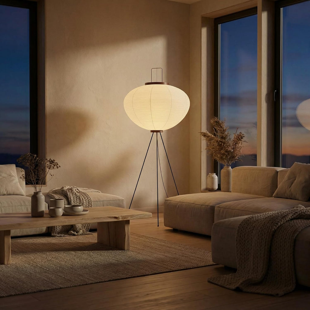 Nogy Noguchi Japanese Rice Paper Floor Lamp • 3000K Akari Standing Light for Living Room Bedroom, Modern Paper Lamp Design, Warm White Ambiance Lighting