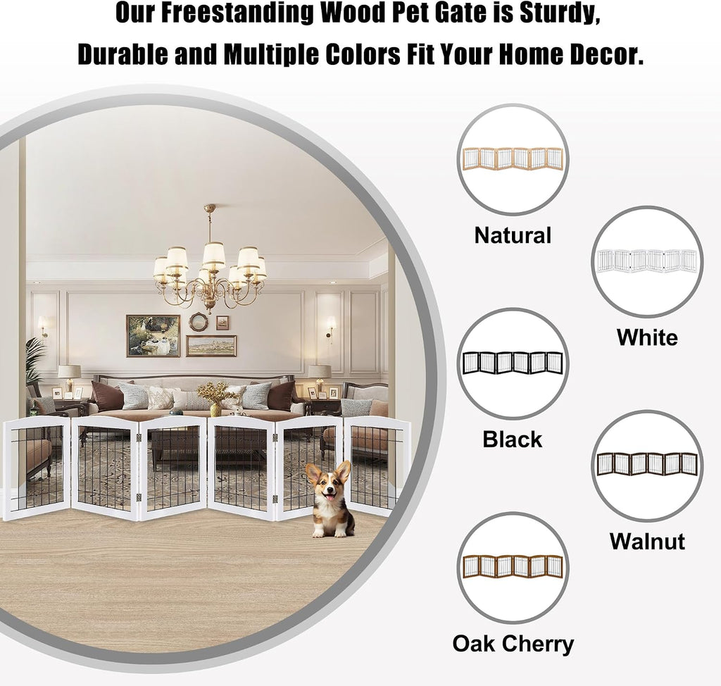 LZRS 6-Panel Extra Wide Wooden Freestanding Dog Gate: Foldable Solid Wood and Steel Wire Chew Resistant Safety Barrier for Doorways, Stairs, and Open Long Spaces Indoor Use, White