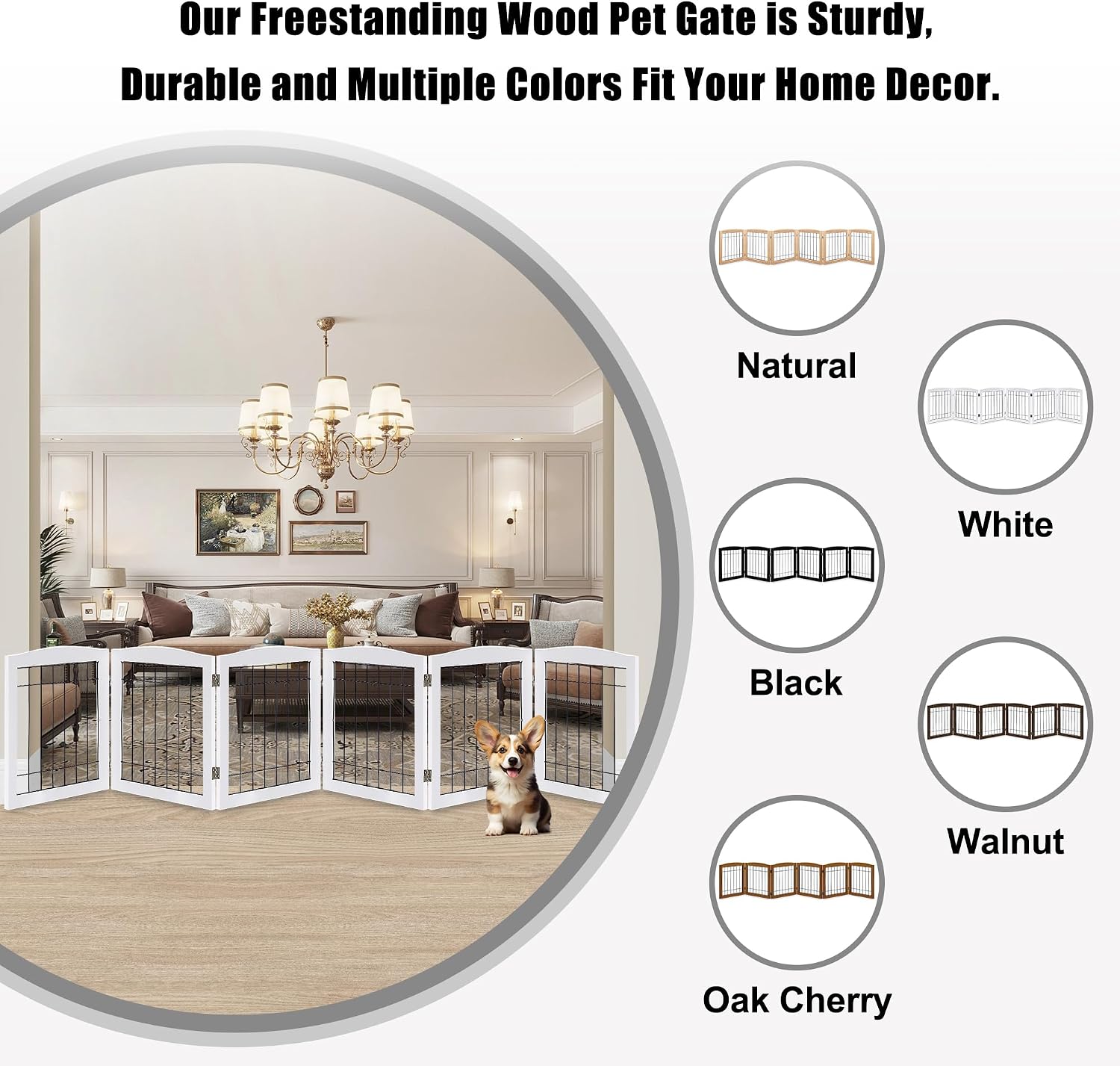 LZRS 6-Panel Extra Wide Wooden Freestanding Dog Gate: Foldable Solid Wood and Steel Wire Chew Resistant Safety Barrier for Doorways, Stairs, and Open Long Spaces Indoor Use, White