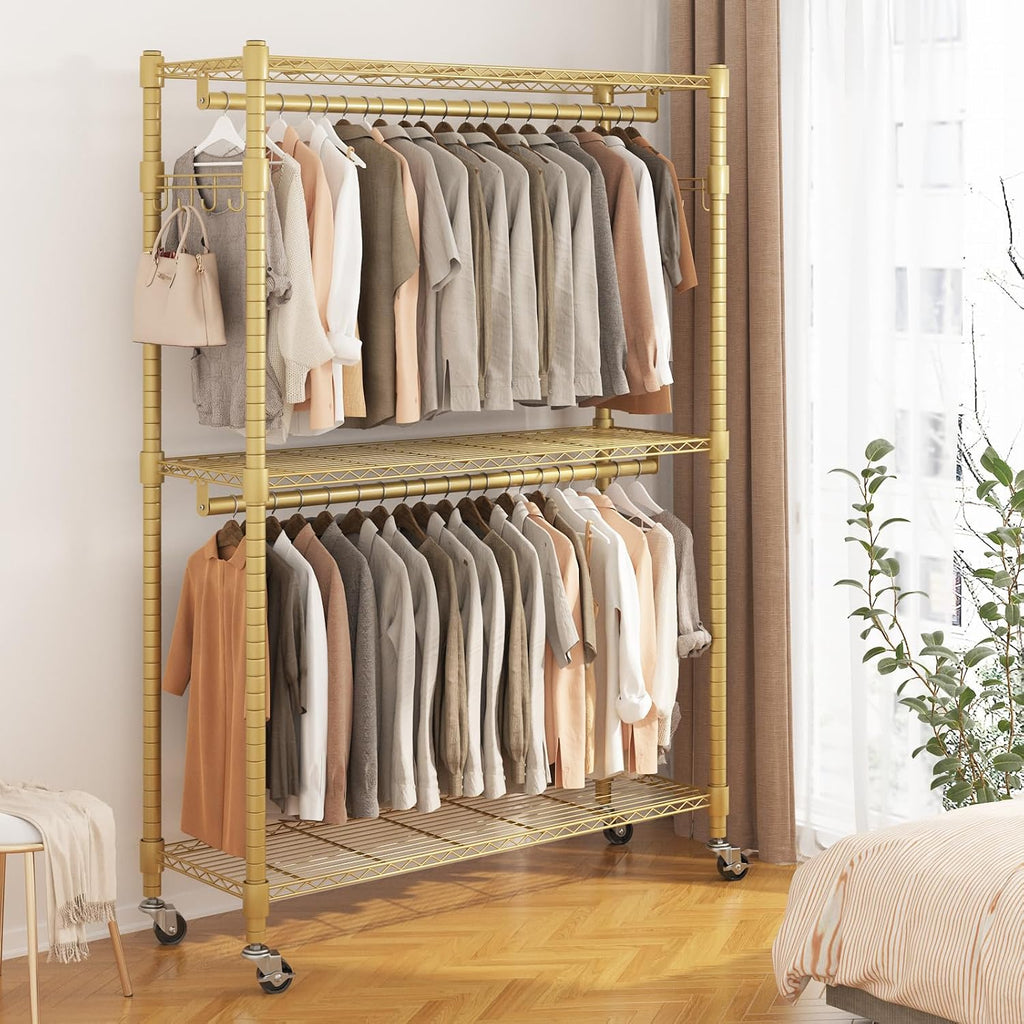 BATHWA Heavy Duty Rolling Garment Racks, 25mm Metal Pipe, 47.3'W x 17.7'D x 80.7'H Large Tall Portable Wardrobe Closet with 2 Rods, Wide Adjustable Shelves and Hangers, Clothing Hanging Storage, Gold