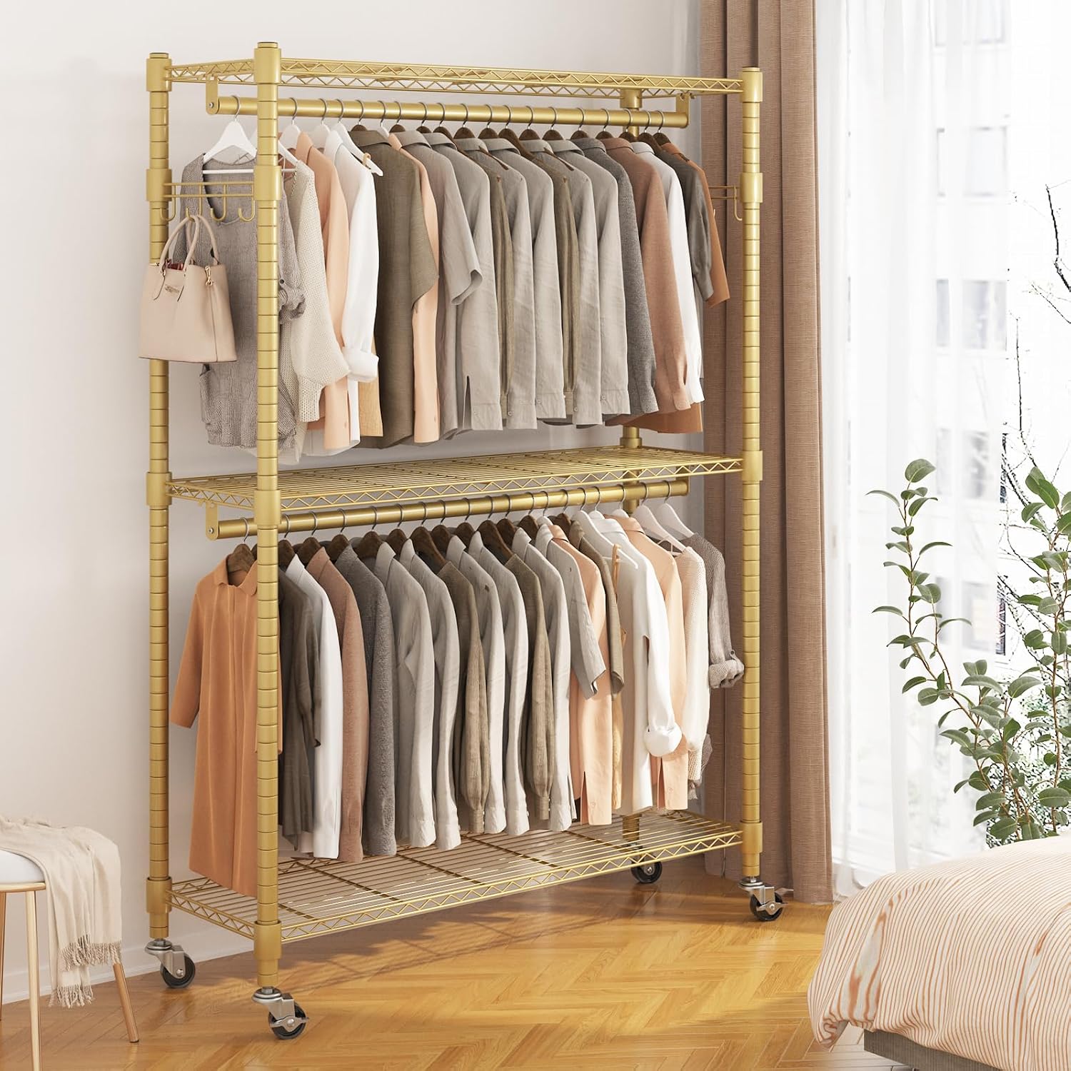 BATHWA Heavy Duty Rolling Garment Racks, 25mm Metal Pipe, 47.3'W x 17.7'D x 80.7'H Large Tall Portable Wardrobe Closet with 2 Rods, Wide Adjustable Shelves and Hangers, Clothing Hanging Storage, Gold
