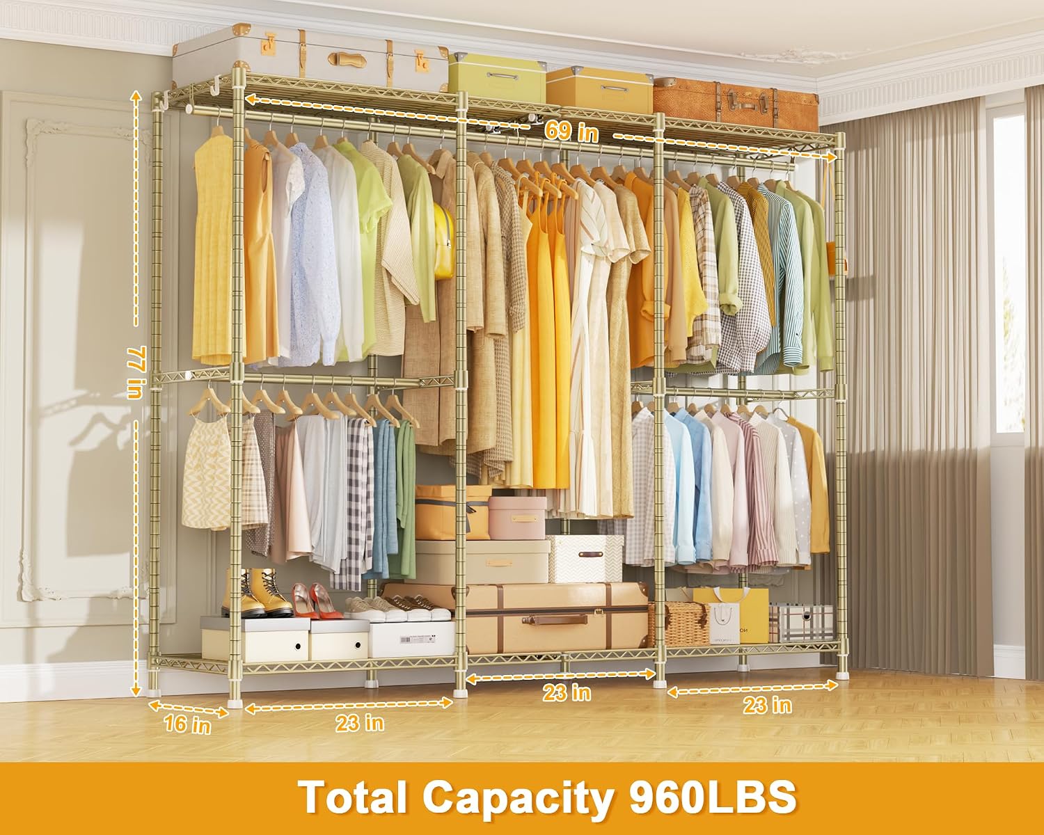 ULIFHOME E14 Pro Heavy Duty Clothes Rack，Freestanding Clothing Racks for Hanging Clothes，Adjustable Closet Organizers and Storage，Metal Garment Rack with Shelves 69'W x16'D x77'H，Max Load 960LBS，Gold