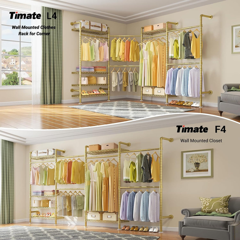 Timate L4 L Shape Garment Rack Heavy Duty for Hanging Clothes, Expandable Industrial Pipe Clothing Rack, Wall Mounted Closet Organizer Large Wardrobe Kit Corner System Gold