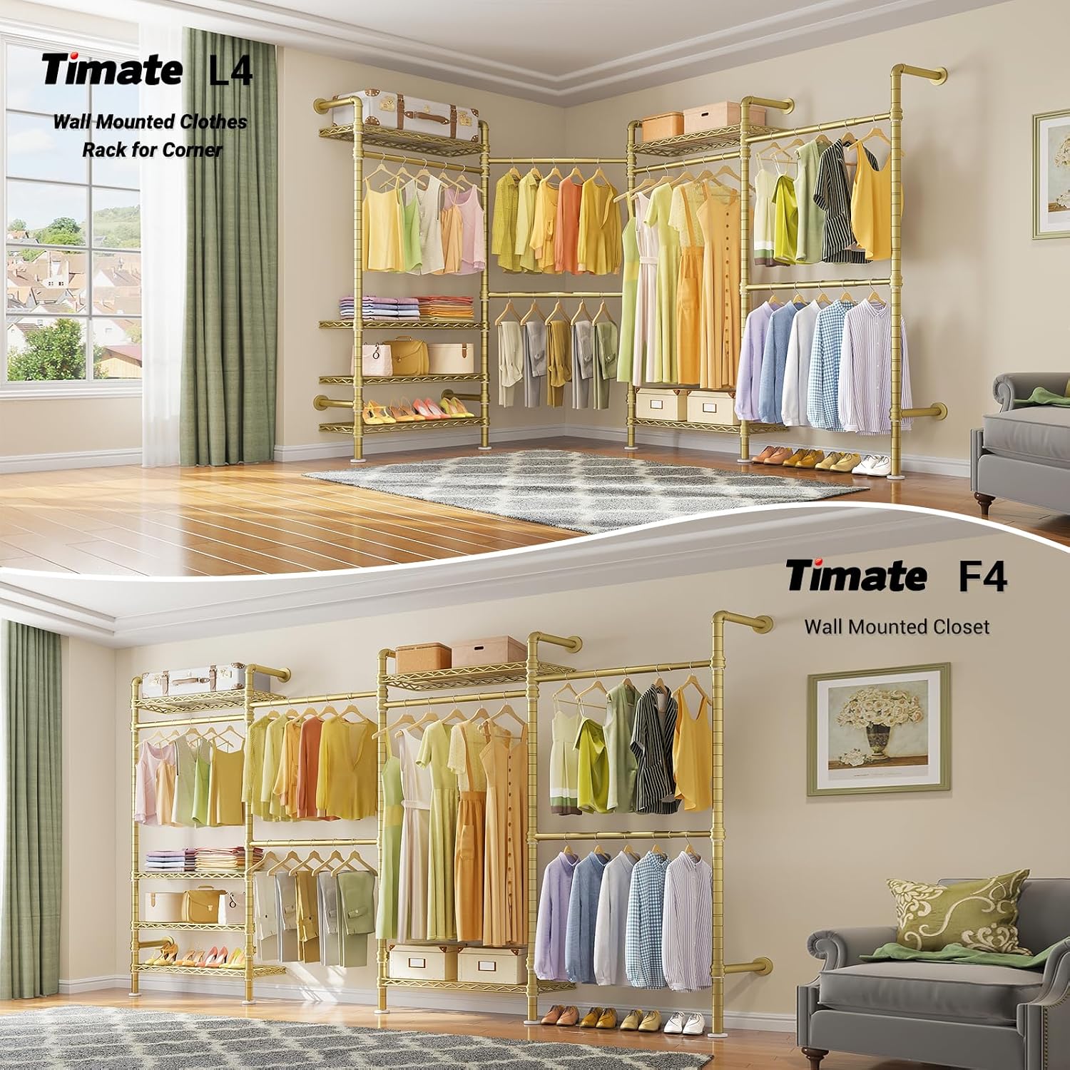 Timate L4 L Shape Garment Rack Heavy Duty for Hanging Clothes, Expandable Industrial Pipe Clothing Rack, Wall Mounted Closet Organizer Large Wardrobe Kit Corner System Gold