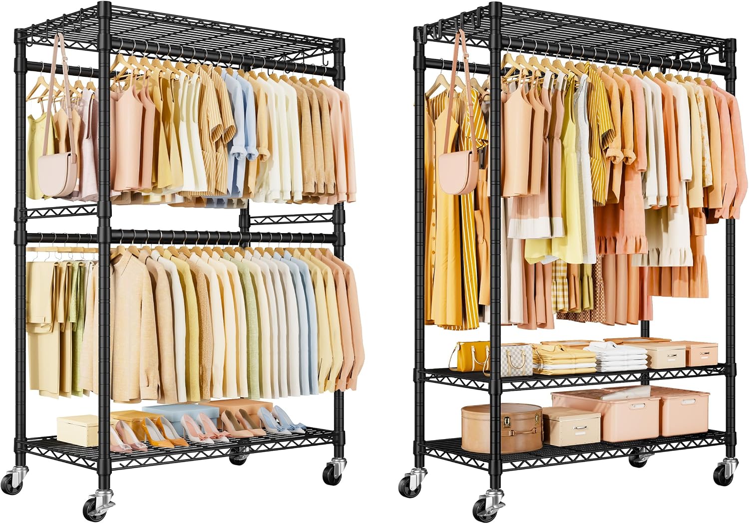 ULIFHOME P4 Plus & P7 Rolling Clothes Rack Heavy Duty, Clothing Racks for Hanging Clothes, Free Standing Garment Racks with Wheels, Portable Closet Rack 45''W × 20.5''D × 80.5''H, Black
