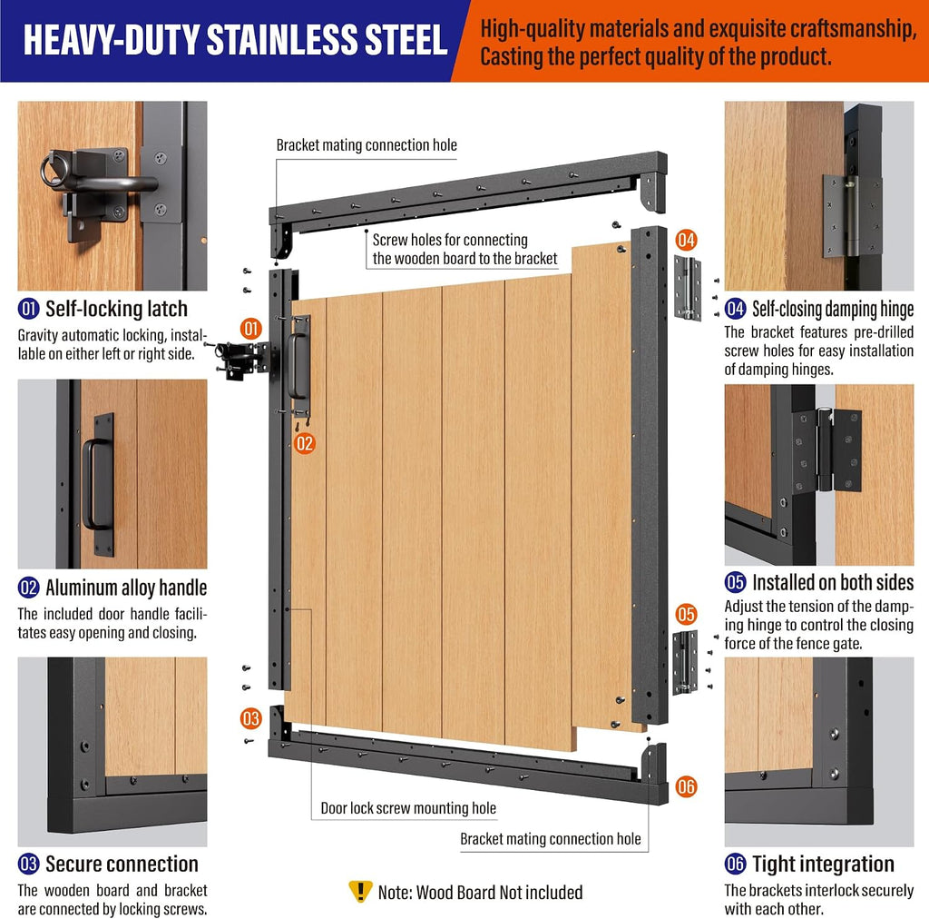 3x3FT (34.8'W X 35.4'H) 201 Stainless Steel Anti Sag Wooden Fence Gate Kit Heavy Duty Garden Gate Frame Hardware Kit Reinforcement (Left/Right Free-Installation)