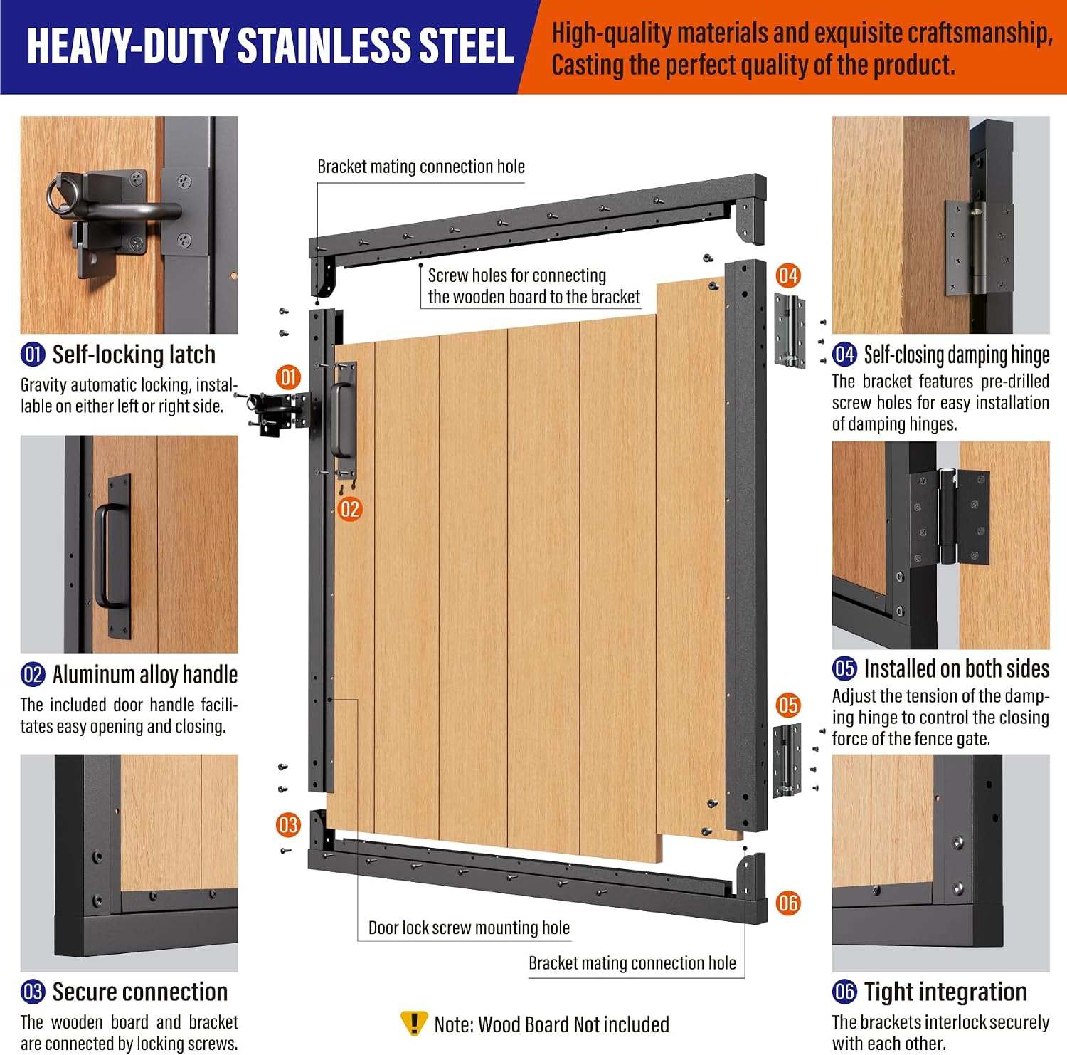 3x3FT (34.8'W X 35.4'H) 201 Stainless Steel Anti Sag Wooden Fence Gate Kit Heavy Duty Garden Gate Frame Hardware Kit Reinforcement (Left/Right Free-Installation)