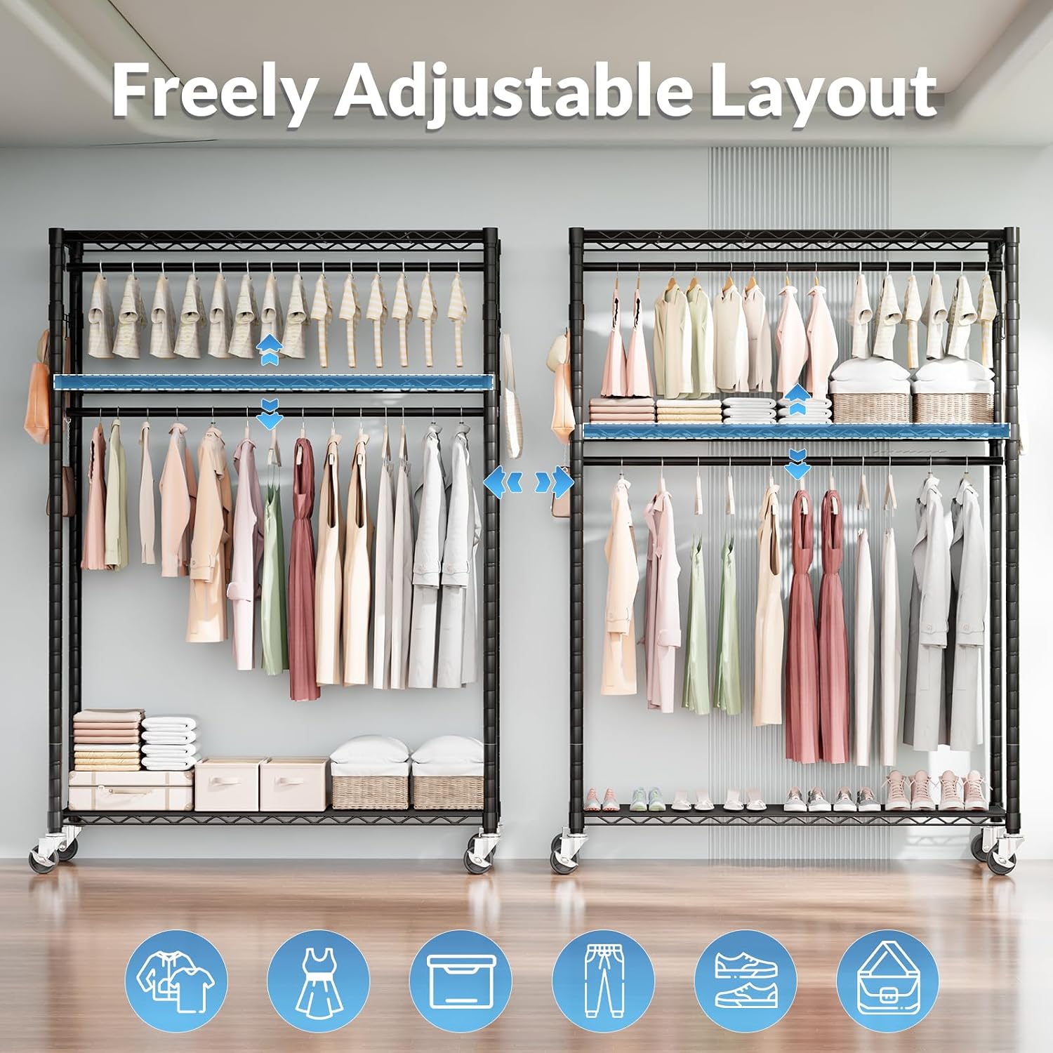 Rolling Clothes Rack Heavy Duty, Free Standing Garment Rack with Wheels, Portable Closet Rack, Closet Organizer System with 35.4' W x 15.7' D x 76' H, Max Load 500Lbs (Black)