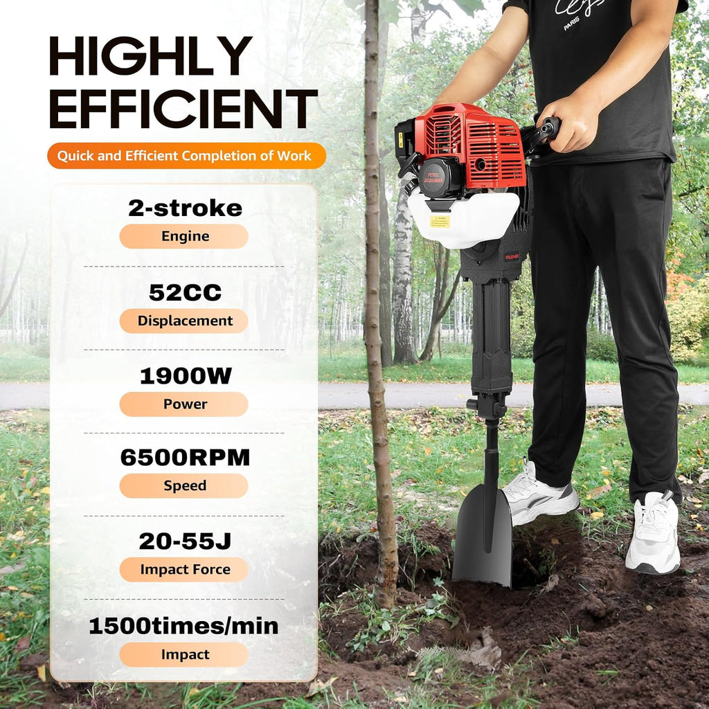 2-Stroke 52cc Handheld Trencher Digger Machine,1900W Gas Powered Garden Tiller Cultivator,Gasoline Garden Tree Digger Sapling Planting Shovel Rock Drilling Machine for Tree Planting (Red)