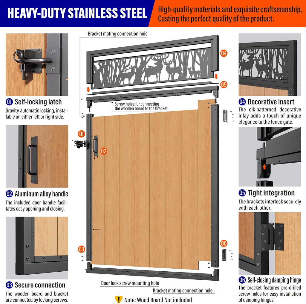 4x6FT (46.78'W X 70.8'H) 201 Stainless Steel Anti Sag Wooden Fence Gate Kit Heavy Duty Garden Gate Frame Hardware Kit Reinforcement (Left/Right Free-Installation)