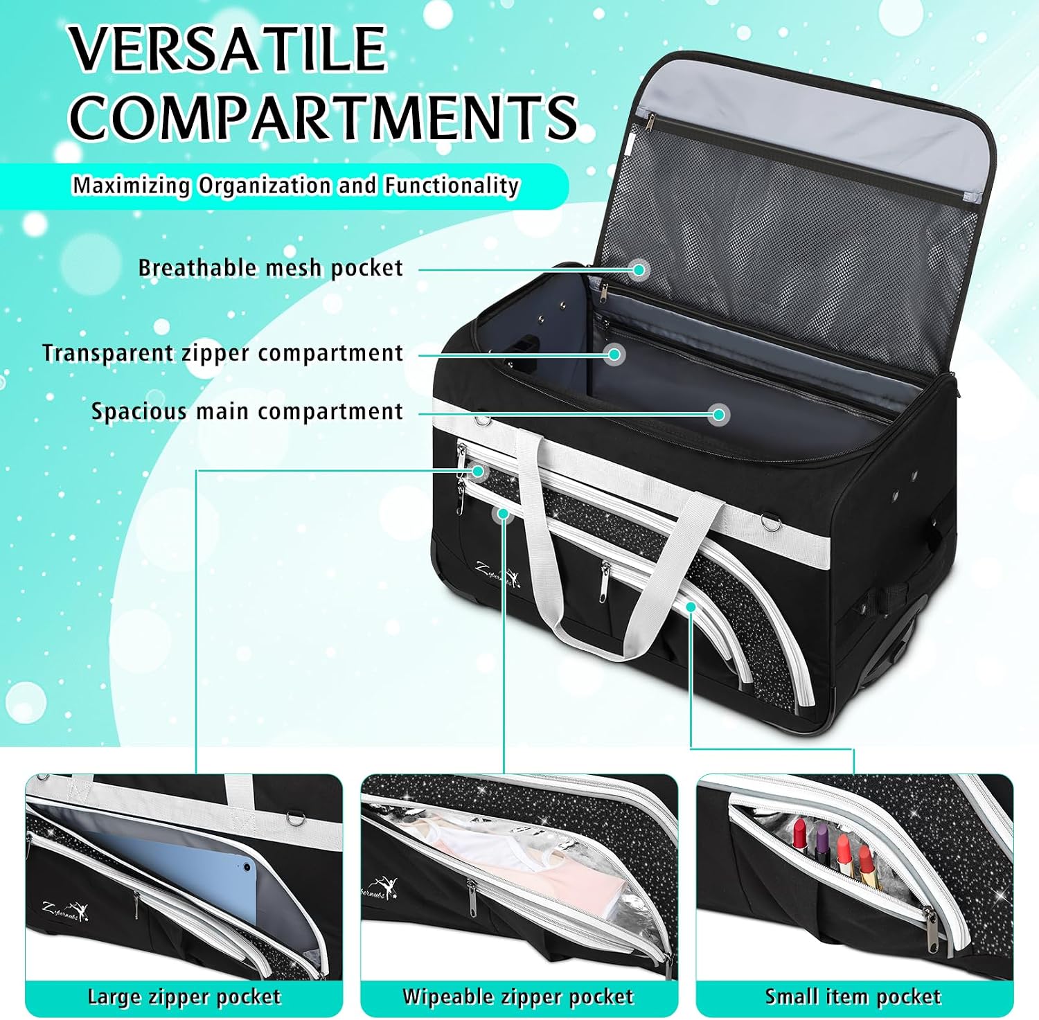 Dance Bag with Garment Rack - 28 Inch Professional Dance Competition Duffle Bag with Rack - Wheeled Dance Suitcase with Multiple Pockets for Dancers, Athlete, Travelers, and Livestreamer