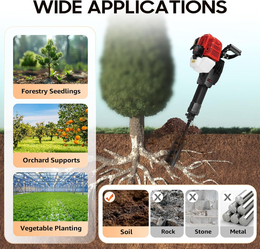 52CC Gas Power Excavator, 2 Stroke Garden Tree Digger with Wide Shovel Gas Ground Drilling Machine for Fence Tree Ball Lifting, Planting Bedding Earth Auger Post Hole