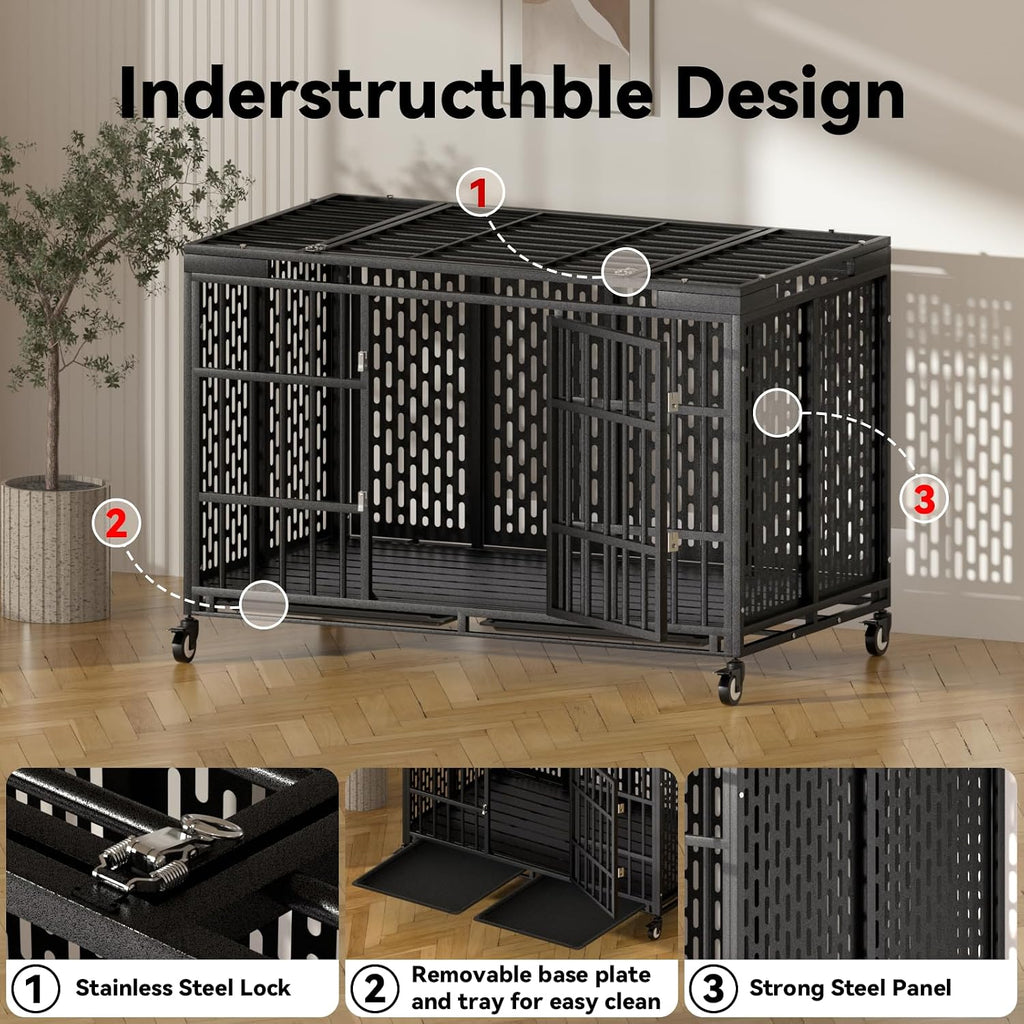 54 Inch Heavy Duty Dog Crate with Wheels,Indestructible Escape-Proof Dog Kennel with Locking Latch and Double Door,Extra Large XL XXL Crate Indoor for Large and Medium Dog with Removable Tray