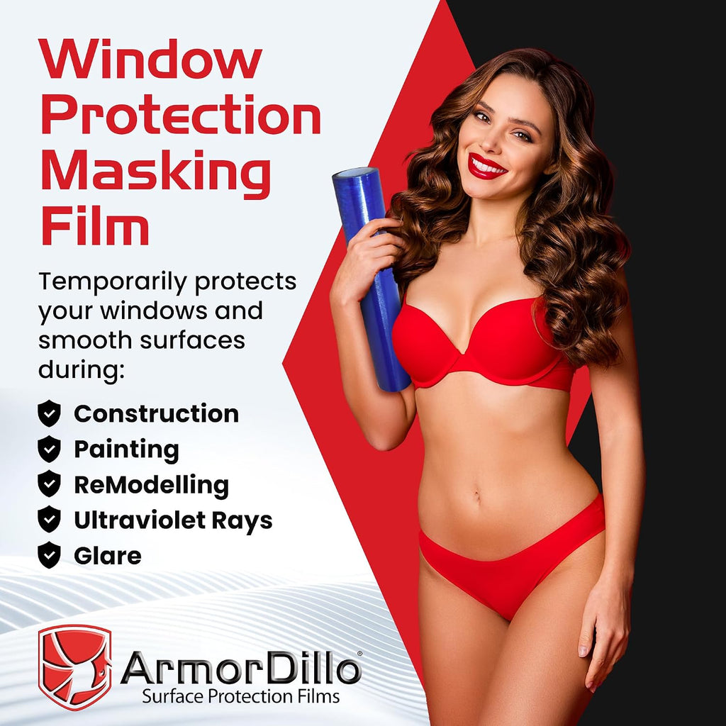 ArmorDillo Blue Window Protection Film 21' x 600', 54.22/roll (4 Rolls-1 Case) - Surface Protection | Temporary Self-Adhesive Glass Covering, Window Masking, 45-Day UV Resistant, Construction Wrap
