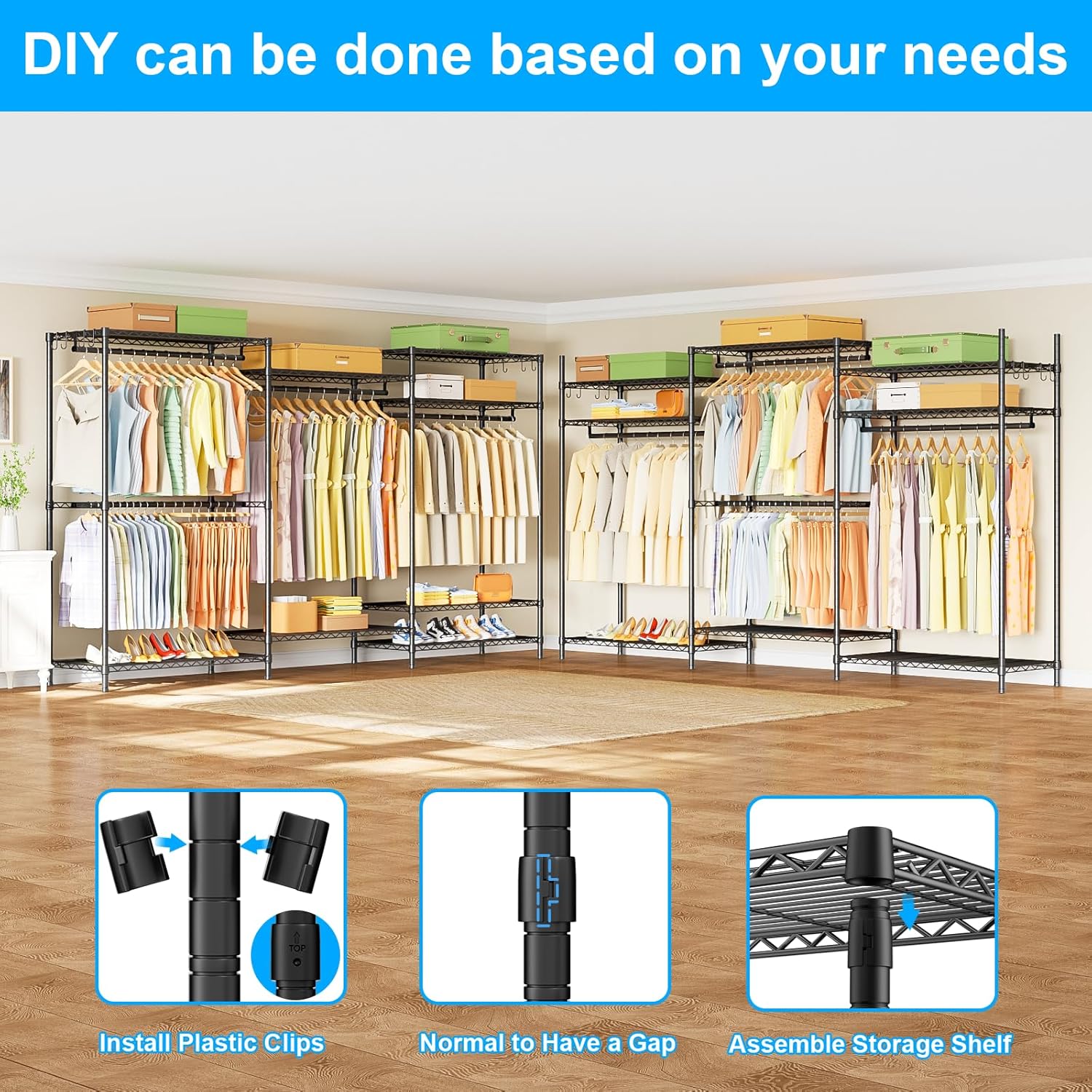 Ulif E13 Max Heavy Duty Clothes Rack（With 4 Hanger Rods & 8 Shelves） Freestanding Clothing Racks for Hanging Clothes，Adjustable Closet，Metal Garment Rack 86' W x16 D x77 H，Max Load 1100LBS，Black