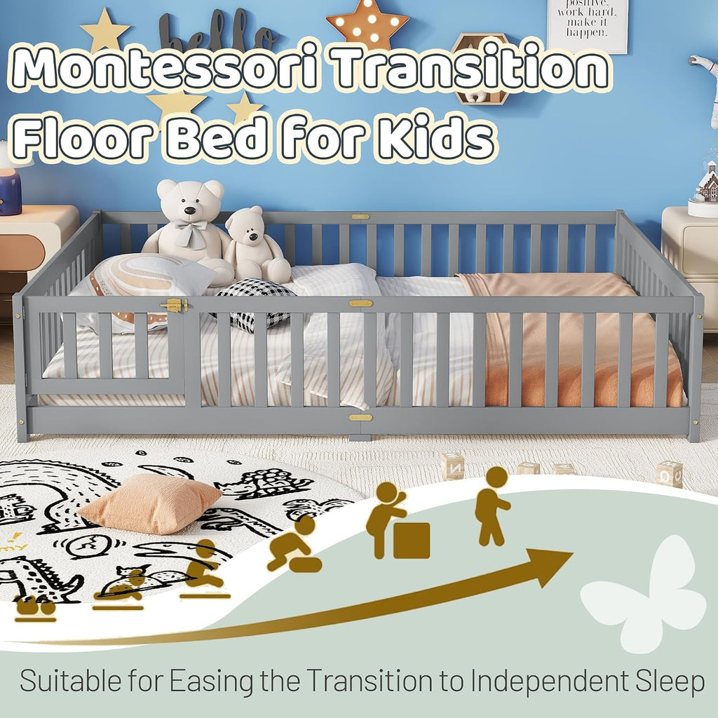 Queen Floor Bed with Safety Guardrails for Kids, Rubber Wood Montessori Bed with Slats and Convertible Door,Queen Size Bed Frame for Girls and Boys,No Box Spring Needed,Grey