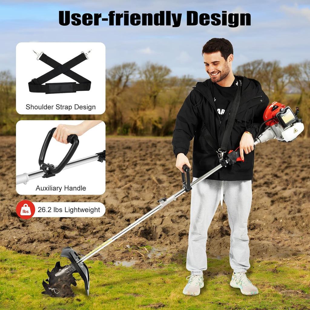 Cordless Mini Tiller Cultivator, 42.7cc 2-Stroke Handheld Tiller Cultivator, Gas Powered Garden Rotary Cultivator Rototiller for Lawn, Garden and Field Soil Cultivation