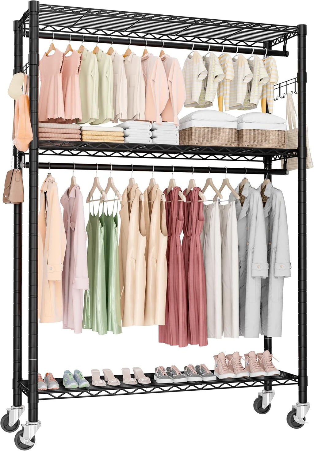 Rolling Clothes Rack Heavy Duty, Free Standing Garment Rack with Wheels, Portable Closet Rack, Closet Organizer System with 35.4' W x 15.7' D x 76' H, Max Load 500Lbs (Black)