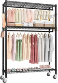 Rolling Clothes Rack Heavy Duty, Free Standing Garment Rack with Wheels, Portable Closet Rack, Closet Organizer System with 35.4' W x 15.7' D x 76' H, Max Load 500Lbs (Black)