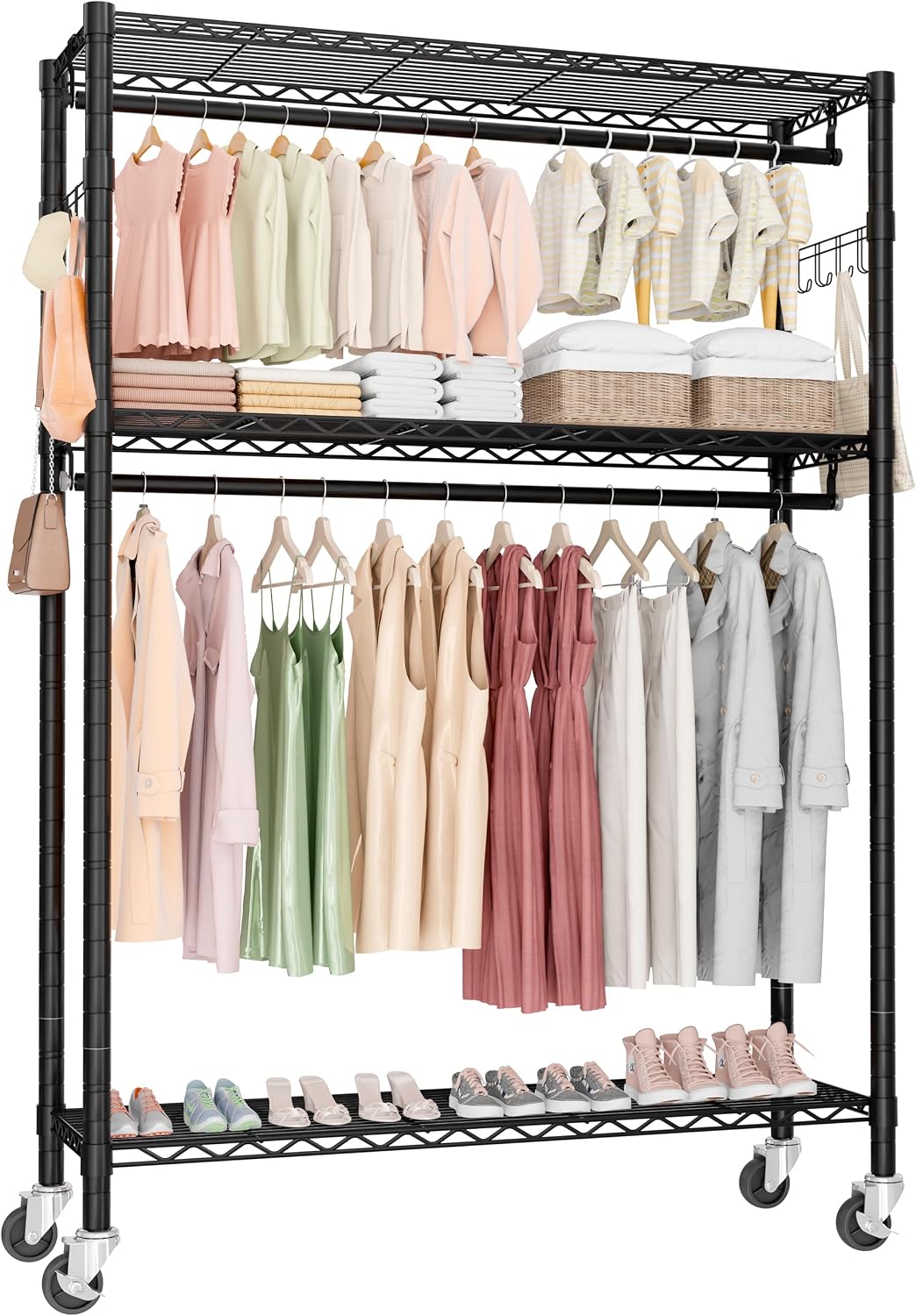 Rolling Clothes Rack Heavy Duty, Free Standing Garment Rack with Wheels, Portable Closet Rack, Closet Organizer System with 35.4' W x 15.7' D x 76' H, Max Load 500Lbs (Black)