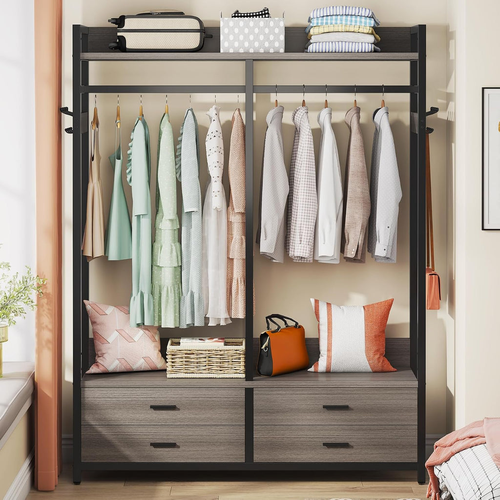 Tribesigns Freestanding Closet Organizer for Hanging Clothes, Heavy Duty Garment Rack with 4 Drawers, 8 Hooks and Storage Shelves, Wardrobe Closet Clothing Rack for Bedroom, Living Room, Grey