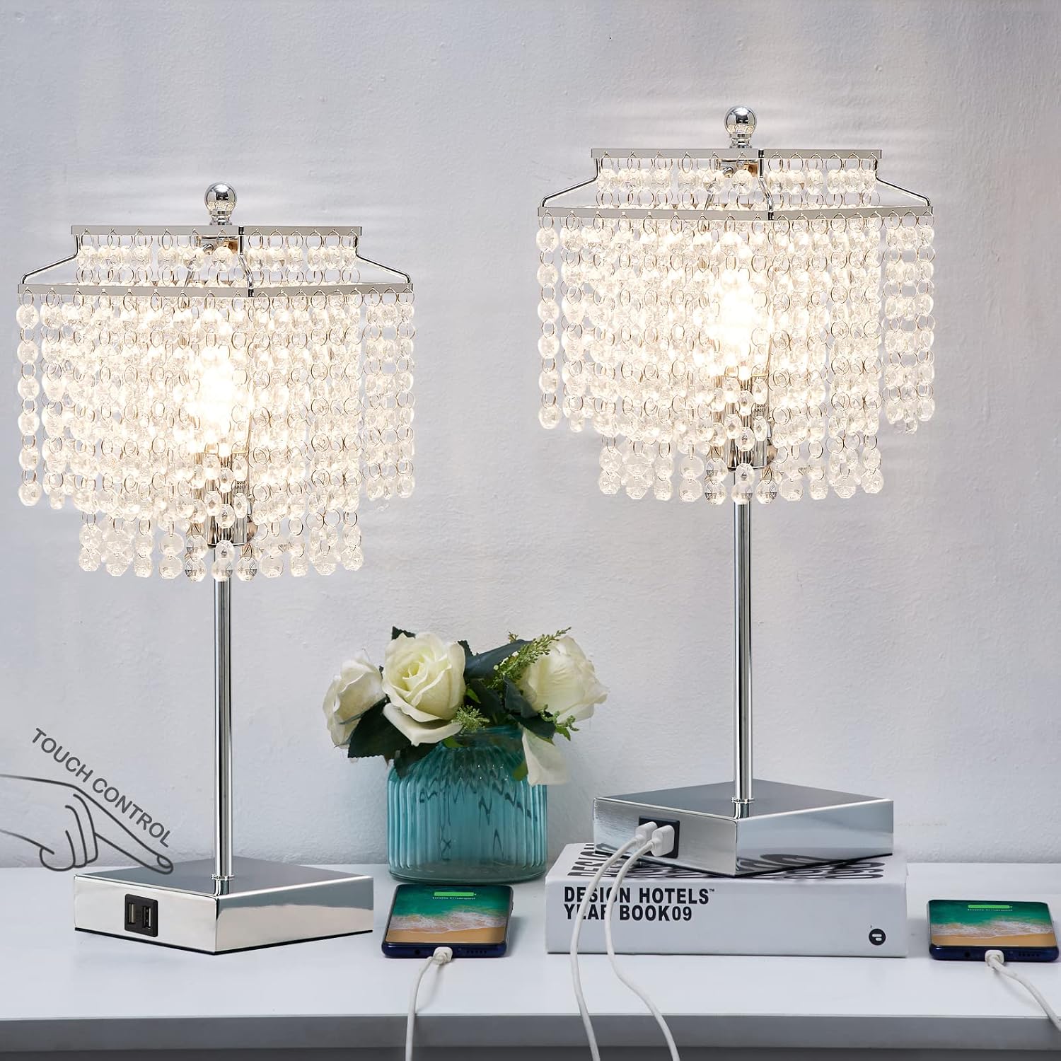 Luvkczc Table Lamp and Floor Lamp Set, Crystal Table Lamp with USB Ports+Crystal Floor Lamps Set of 2, Morden Lamps for Living Room, Bedroom, Office (Silver)