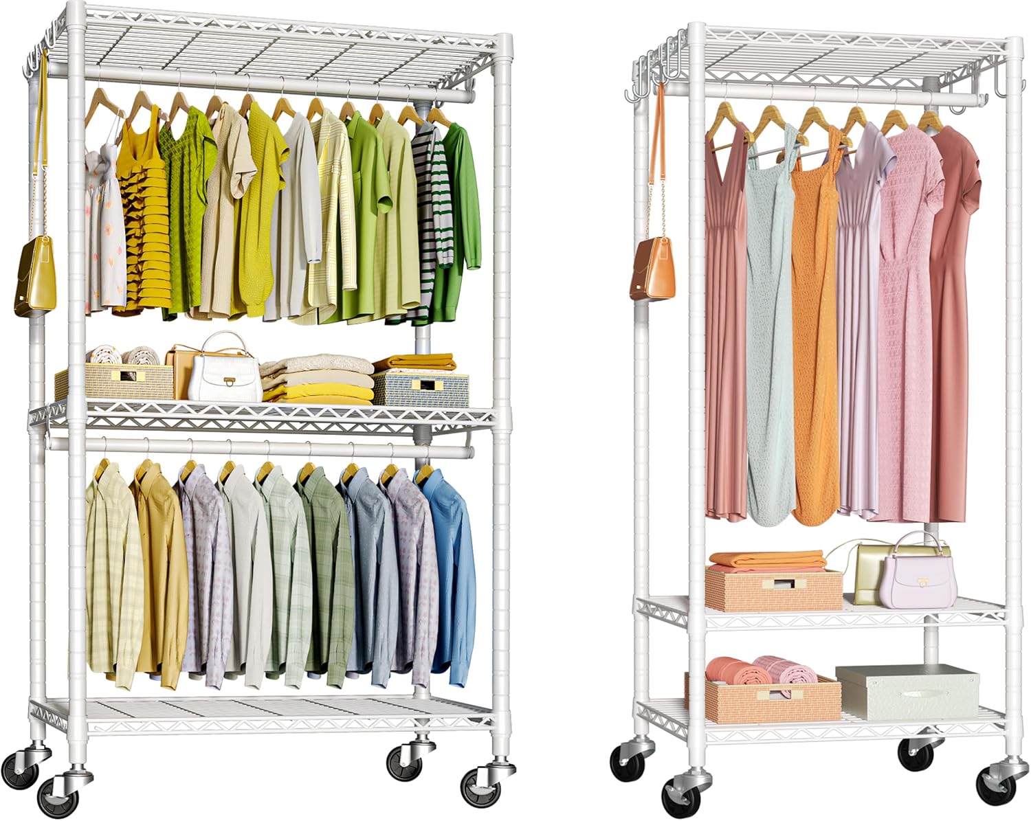 FUTASSI P3 & P6 Mini Rolling Clothes Rack White Bundle, Clothing Racks for Hanging Clothes, Freestanding Garment Rack with Wheels