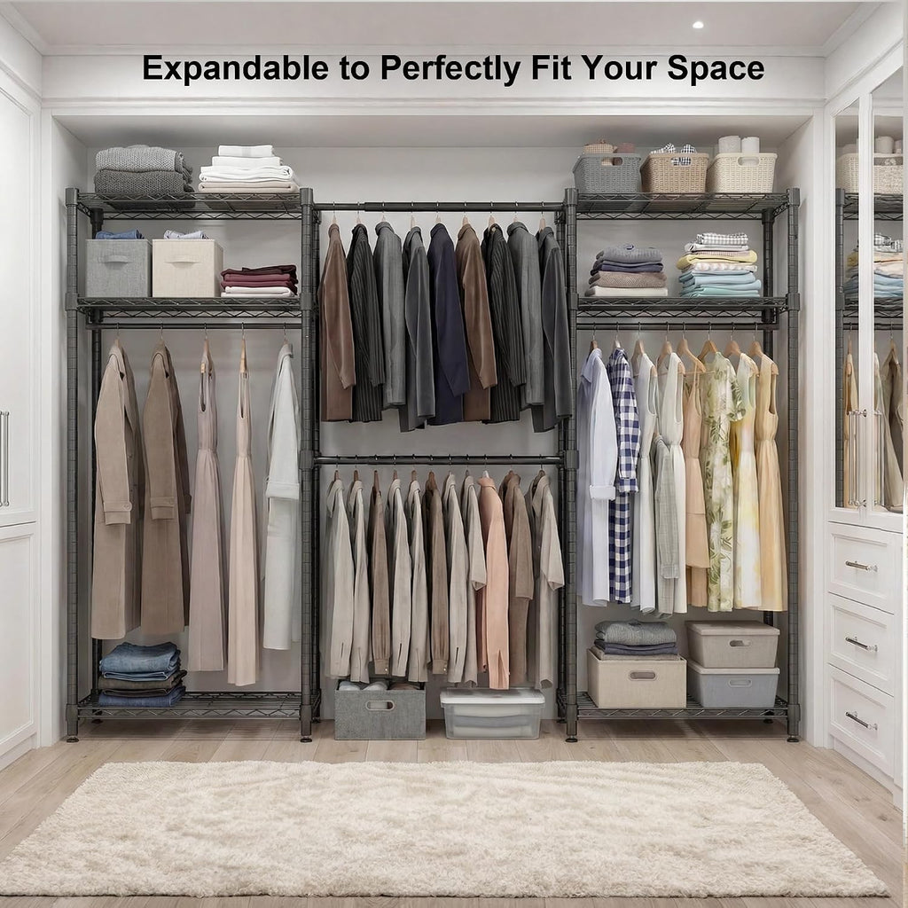 BATHWA Heavy Duty Clothes Rack Freestanding Closet for 68.9 to 90.2' Space | Expandable Clothing Storage, Adjustable 6 Shelves, 4 Hanging Rods, Massive Capacity 870 lbs, Black Metal Wardrobe
