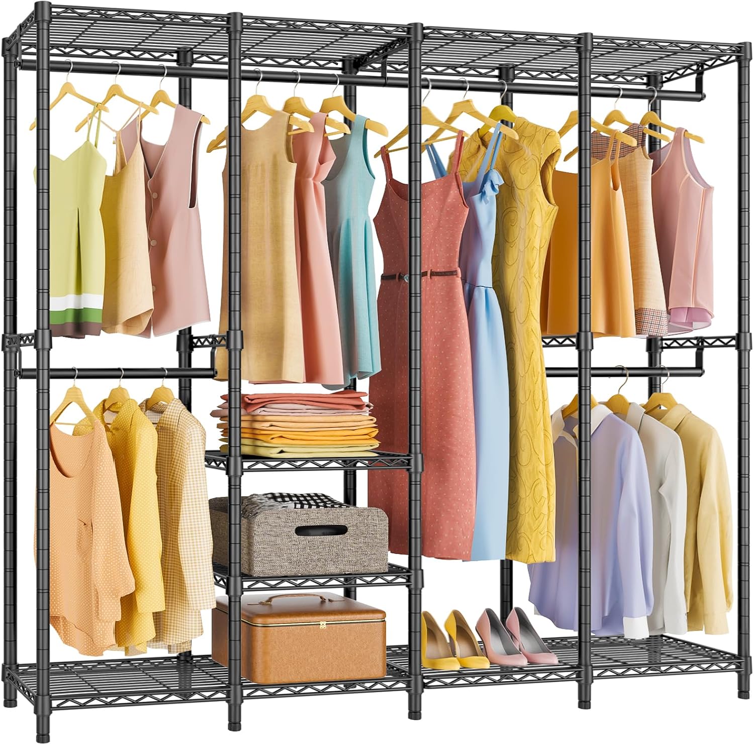 VIPEK V40 Medium Clothes Rack, 900lbs Capacity Sturdy Metal Garment Rack, Clothing Rack with 6 Shelves & 4 Hang Rods, Adjustable Open Wardrobe Closet Organizer for Bedroom/Apartment/Retail, Black