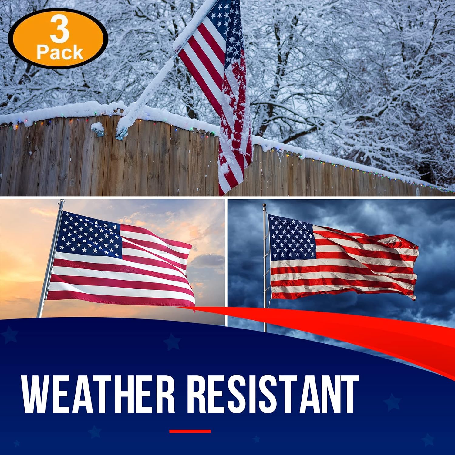 American Flags for Outside 3X5 (Pack of 3) - 3x5 Flag with Embroidered Stars and Sewn Stripes, Heavy Duty, All Weather, Made in USA for High Wind