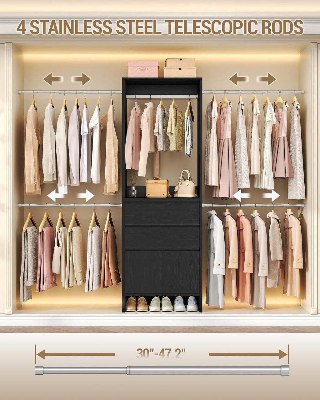 Hzuaneri Closet System with 2 Drawers, Walk-in Closet Organizer System Wooden Storage Systems with 4 Hang Rods & Shoe Cabinet, Wardrobe Clothes Rack Garment Rack Fits Spaces 6-10 ft, Black MC00104B