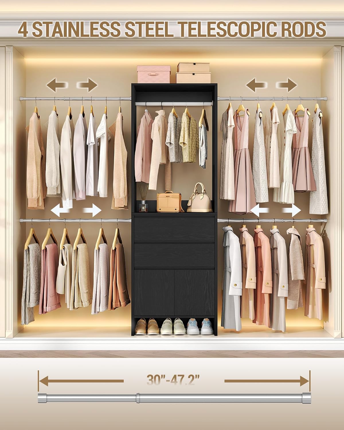 Hzuaneri Closet System with 2 Drawers, Walk-in Closet Organizer System Wooden Storage Systems with 4 Hang Rods & Shoe Cabinet, Wardrobe Clothes Rack Garment Rack Fits Spaces 6-10 ft, Black MC00104B
