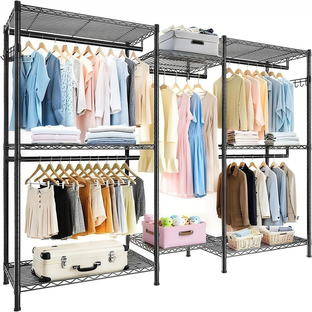 Heavy Duty Garment Rack, Freestanding Closet Organizer, Portable Wardrobe Clothes Rack, Adjustable Wire Shelving Clothes Rack with 8 Adjustable Wire Shelves and 5 Clothes Rails, Black (Without Hook)
