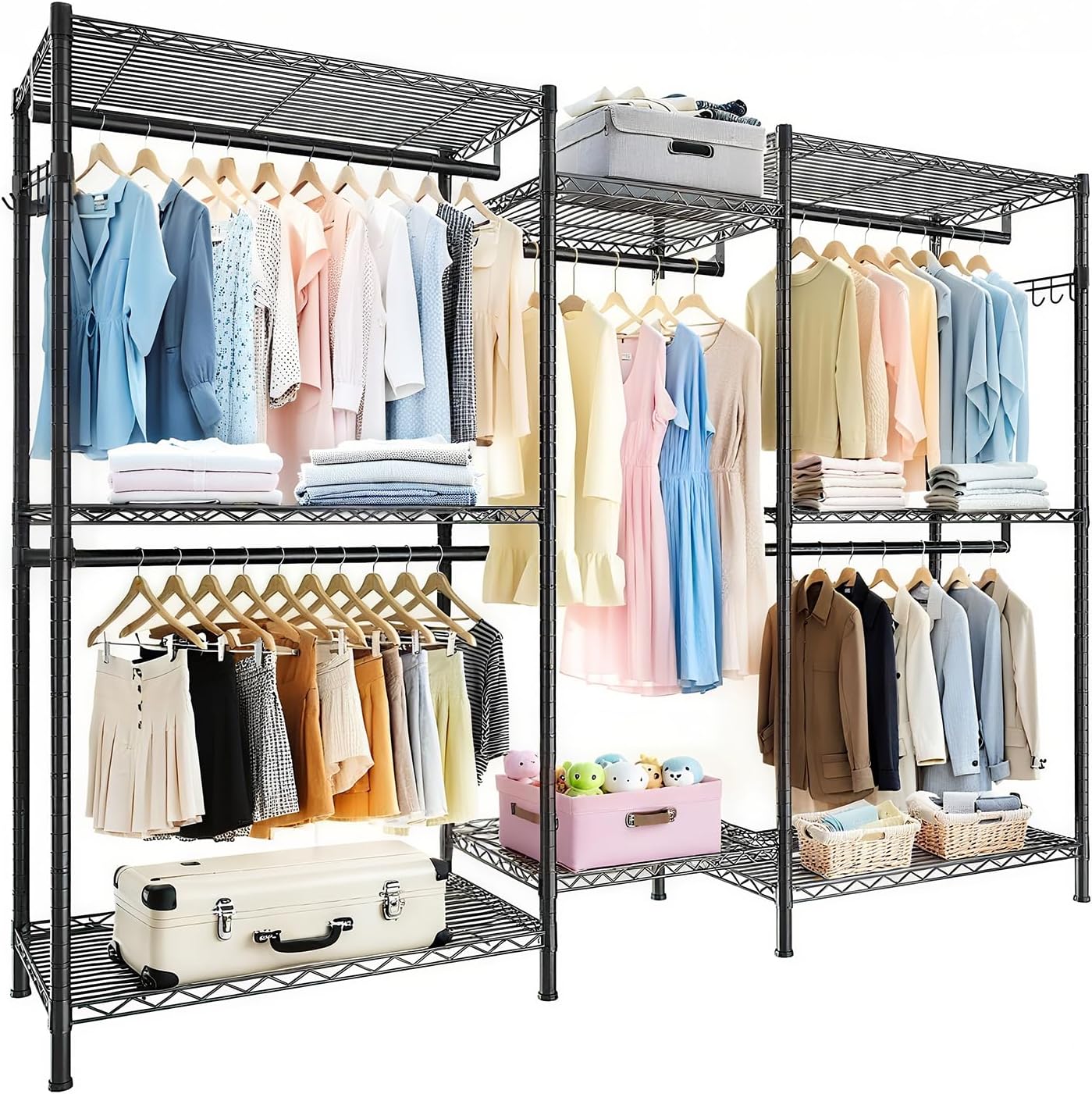 Heavy Duty Garment Rack, Freestanding Closet Organizer, Portable Wardrobe Clothes Rack, Adjustable Wire Shelving Clothes Rack with 8 Adjustable Wire Shelves and 5 Clothes Rails, Black (Without Hook)