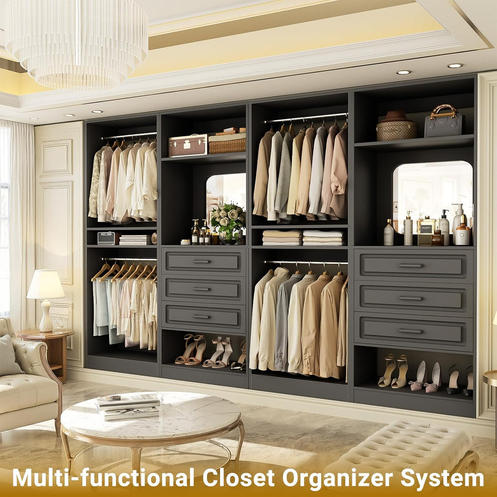 Unikito Closet System with Drawers, 100' Wood Closet Organizer with Hanging Rods and Mirror, Large Walk in Wardrobe Garment Rack with Adjustable Shelves, Sturdy Freestanding Closet Tower, Black