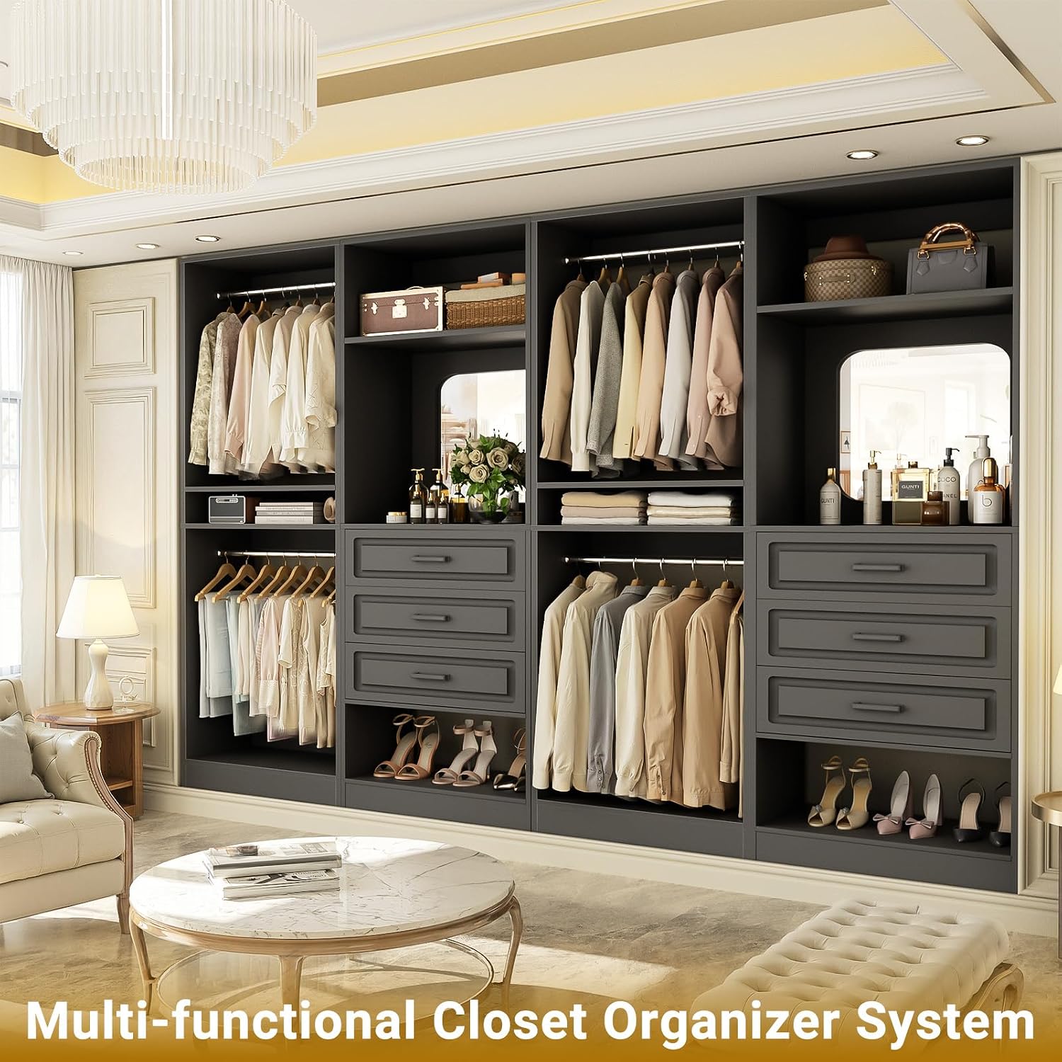 Unikito Closet System with Drawers, 100' Wood Closet Organizer with Hanging Rods and Mirror, Large Walk in Wardrobe Garment Rack with Adjustable Shelves, Sturdy Freestanding Closet Tower, Black