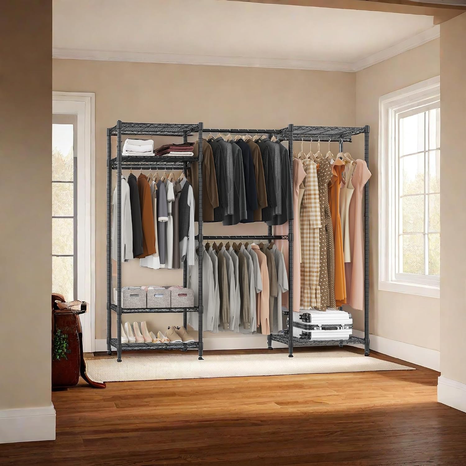 BATHWA Heavy Duty Clothes Rack Freestanding Closet for 68.9 to 90.2' Space | Expandable Clothing Storage, Adjustable 6 Shelves, 4 Hanging Rods, Massive Capacity 870 lbs, Black Metal Wardrobe