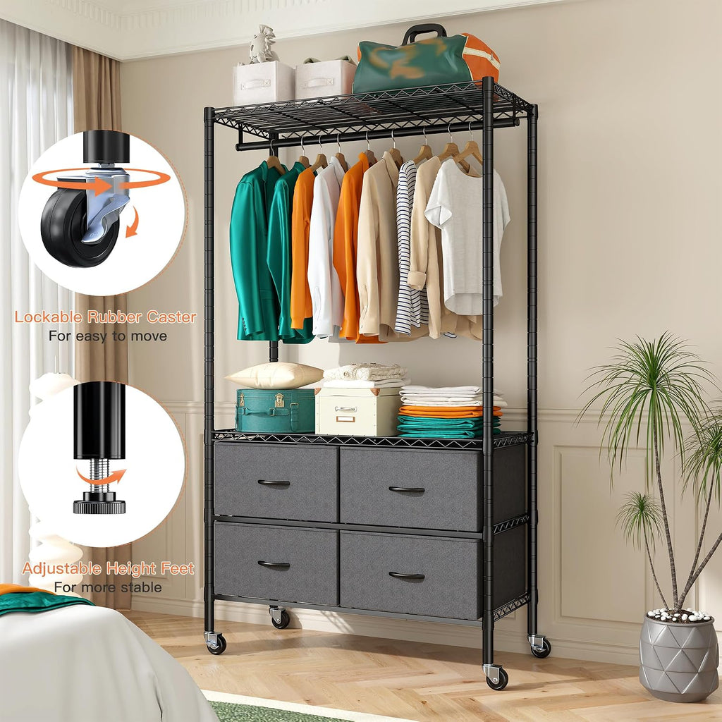 Raybee Rolling Clothes Rack for Hanging Clothes, Clothing Rack with 4 Fabric Drawers and Wheels, Portable,Adjustable,Sturdy,Black