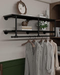 Wall Mounted Clothes Rack 12 Inch Deep, 48 Inch Heavy Duty Garment Rack with Real Black Wood Shelf, Multi-Purpose Hanging Rod & Space-Saving Closet Storage Organizer