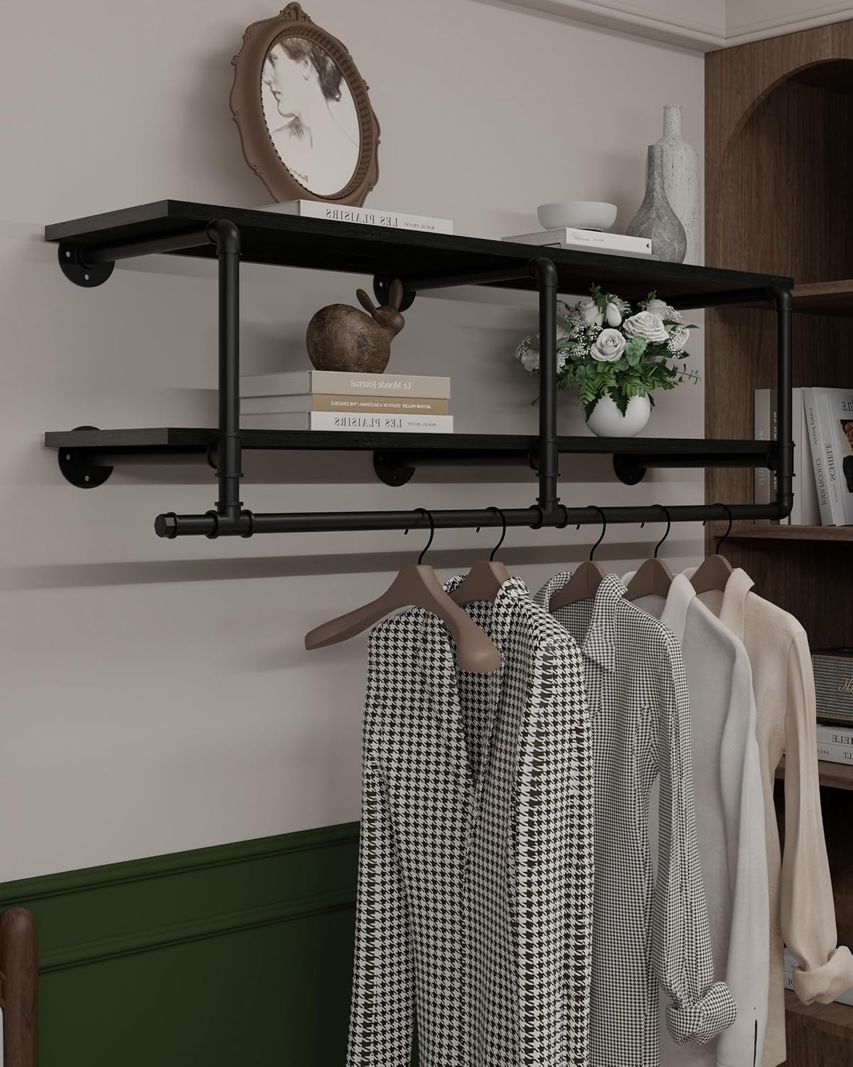 Wall Mounted Clothes Rack 12 Inch Deep, 48 Inch Heavy Duty Garment Rack with Real Black Wood Shelf, Multi-Purpose Hanging Rod & Space-Saving Closet Storage Organizer
