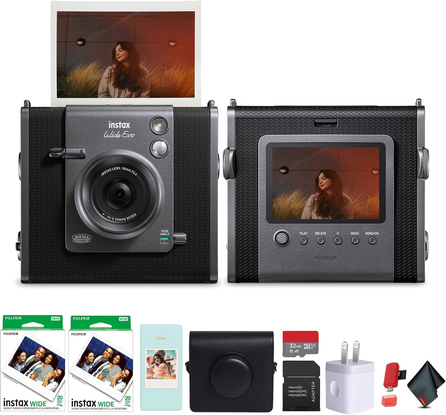 Fujifilm Instax Wide Evo Hybrid Instant Film Camera (16840957) Bundle with Fuji Instax-Wide Instant Film (40 Exposures) + Vintage Style Compatible Carrying Case + 32GB Memory Card + More