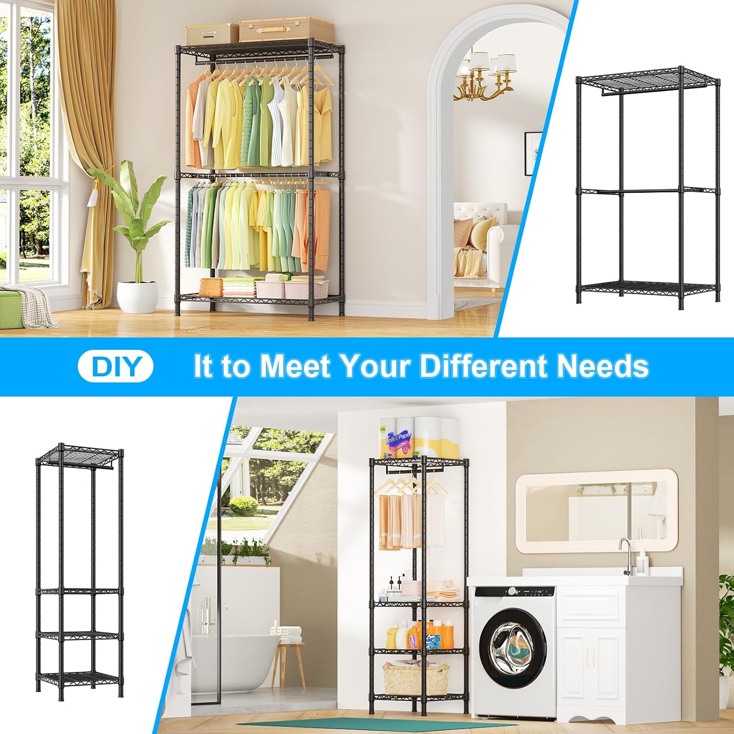 Ulif E10 and E12 Clothes Rack（With Stretchable Hanger Rod）, Heavy Duty Freestanding Garment Rack with Shelves，Metal Clothing Closet Storage System for Hanging Clothes