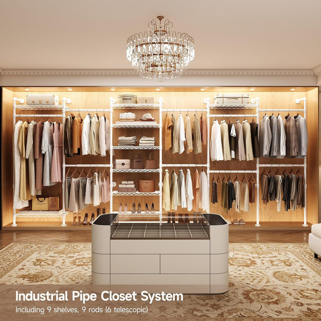 Wall Mounted Garment Rack, Industrial Pipe Clothing Rack, Closet System with 6 Expandable Rods, Walk in Closet Shelving, Clothes Organizers and Storage, Hanging Racks Wardrobe Renovation, White