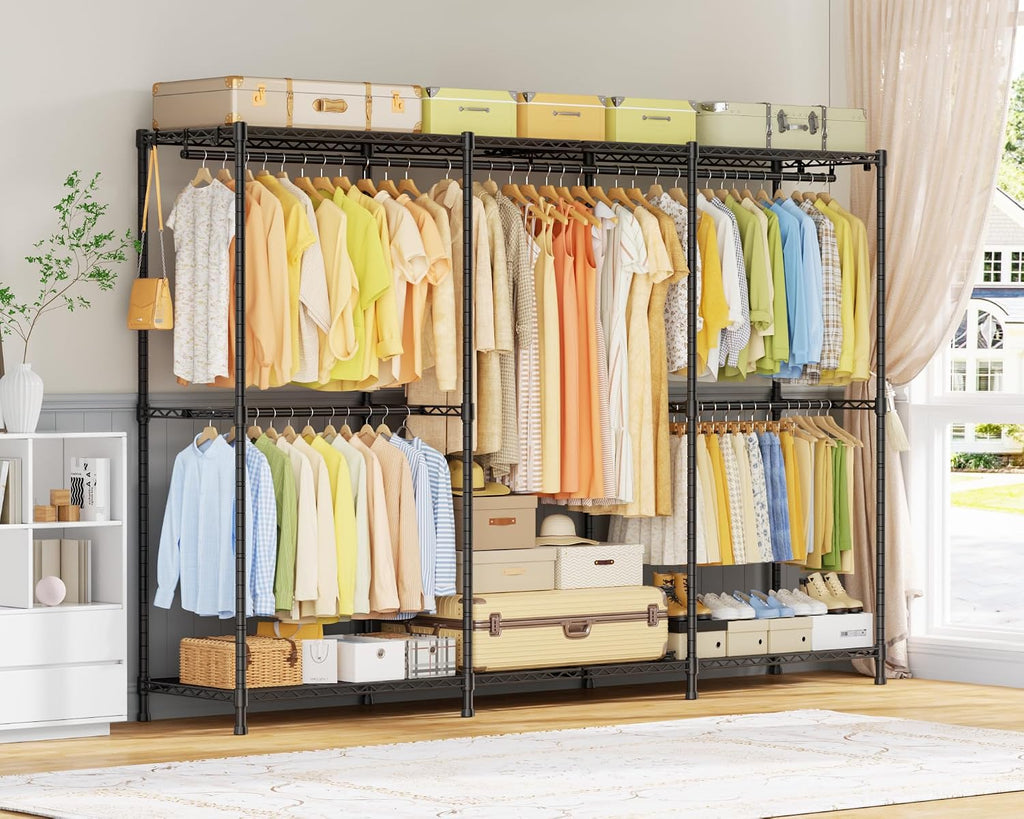 ULIFHOME E14 Max Heavy Duty Clothes Rack，Freestanding Clothing Racks for Hanging Clothes，Adjustable Closet Organizers and Storage，Metal Garment Rack with Shelves 86'W × 16'D × 77'H，Load 1060LBS，Black